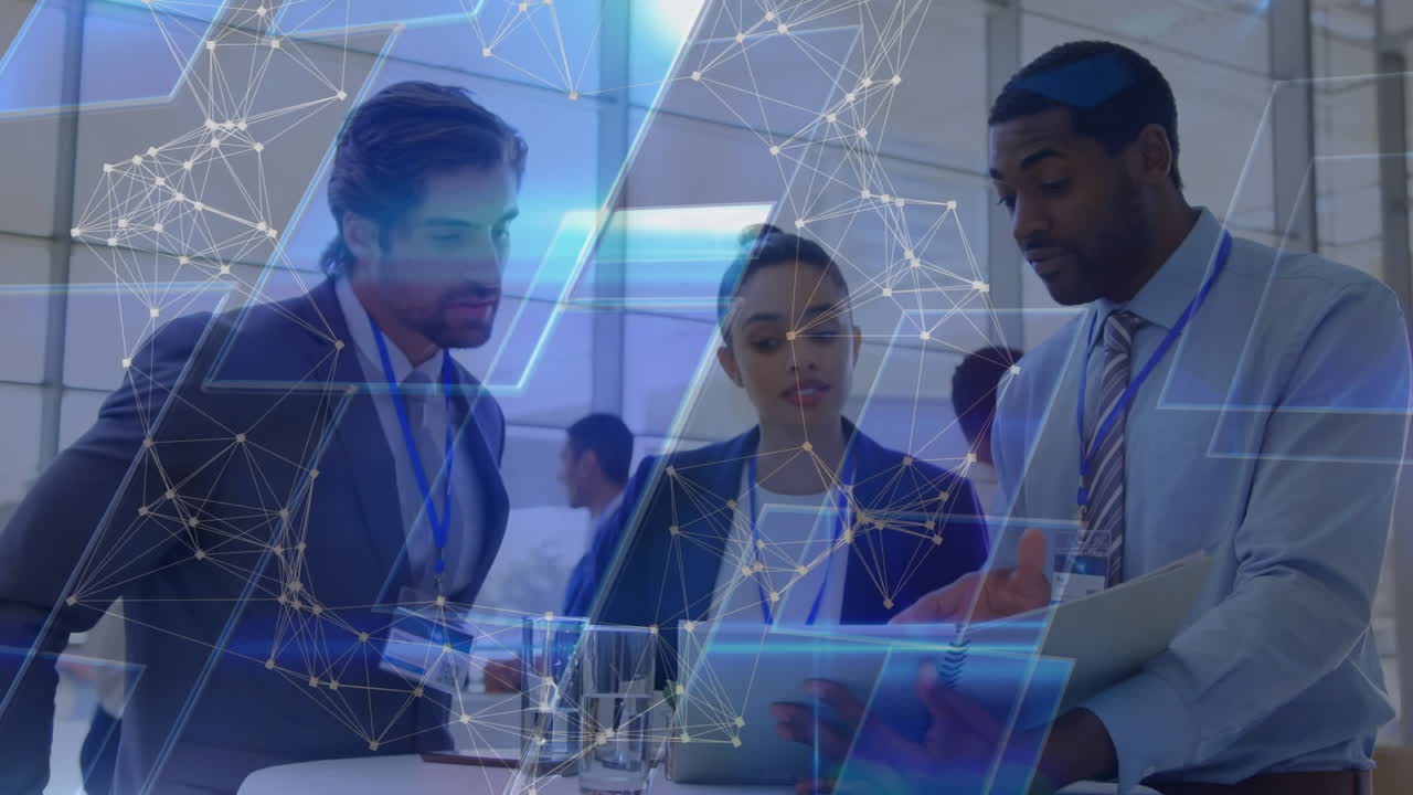 Animation of network of connections over diverse businesspeople discussing over a model at office