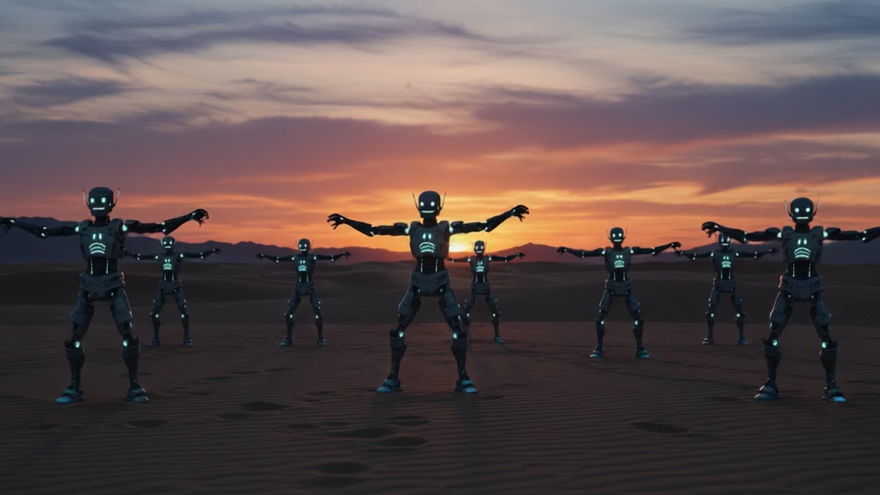 A Futuristic Gathering of Robots at Dusk: In a vast desert landscape, multiple humanoid robots engage in synchronized movements as the sun sets, creating a striking contrast between technology and nature