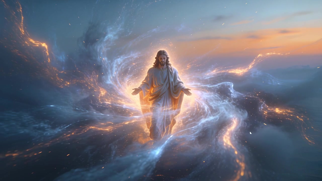 Forming bright halo behind robed figure, he lifting arms, guiding vortex ribbons over clouds