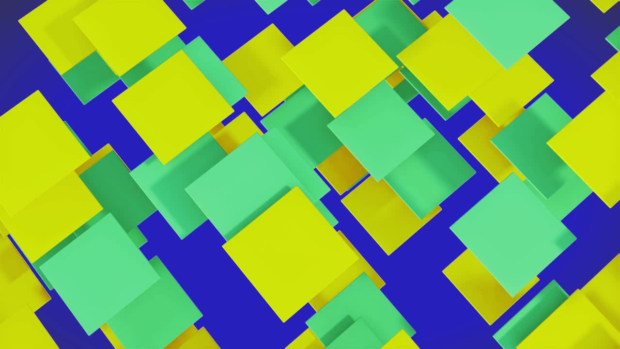 bloques voladores animados - animación de patrones con cajas cuadradas - 4k - colores verde y amarillo con fondo azul