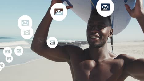 Multiple-message-icons-floating-against-african-american-man-carrying-surfboard-at-the-beach