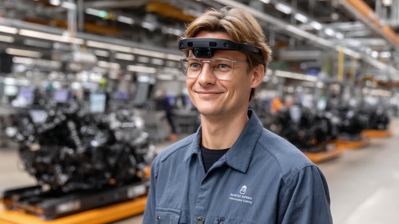 A young technician wearing augmented reality glasses smiles confidently while working in a high-tech manufacturing facility, showcasing innovation and precision in engineering