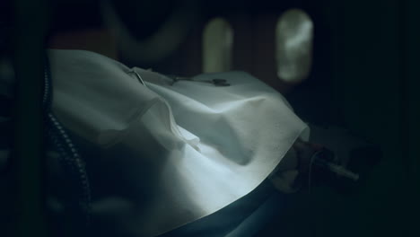 covered dead body in hospital room closeup. unsuccessful surgical treatment.