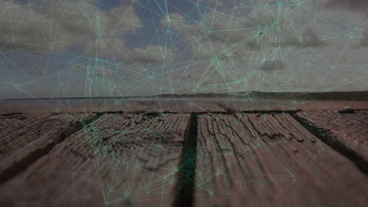 animación de una red de conexiones en primer plano de una tabla de madera contra las nubes en el cielo