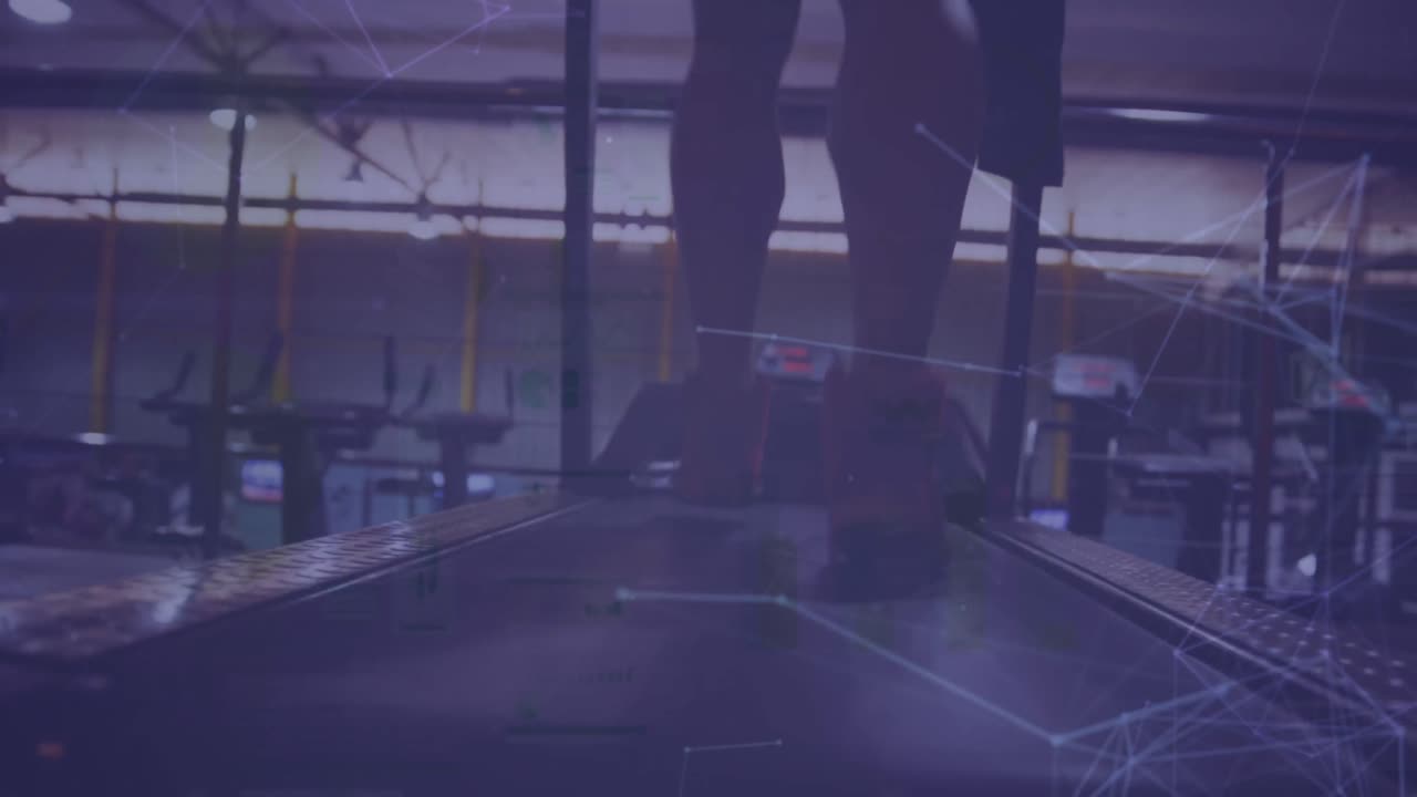 트레드밀에서 달리는 다양한 사람들의 낮은 부분에 있는 선으로 연결된 점들의 애니메이션