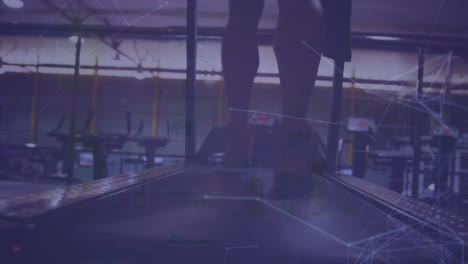 animation of dots connected with lines over low section of diverse people running on treadmills