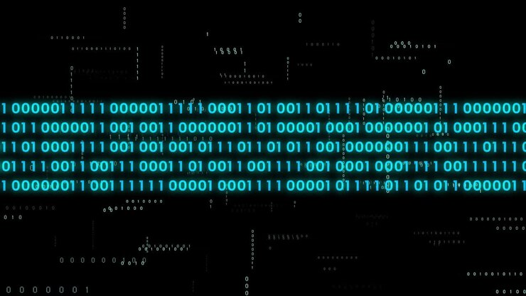 Animation af AI-databehandling over binær kodning og mørk baggrund