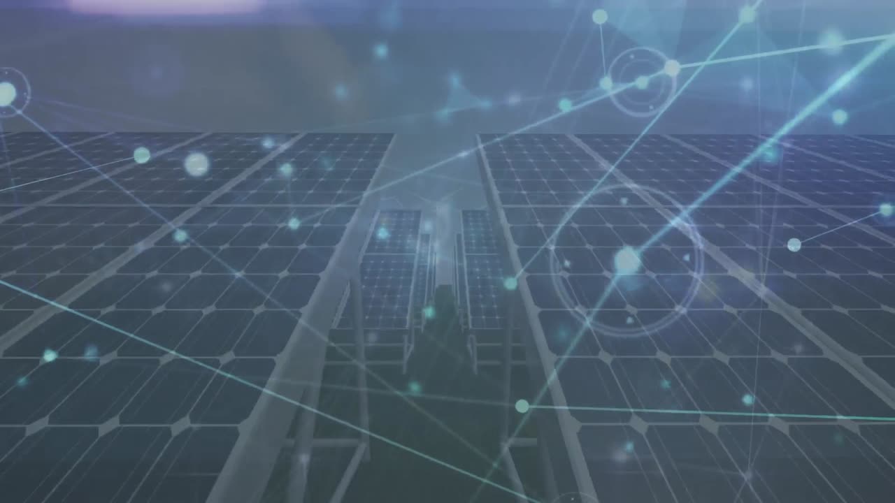 Animation of network of connections over solar panels and wind turbines