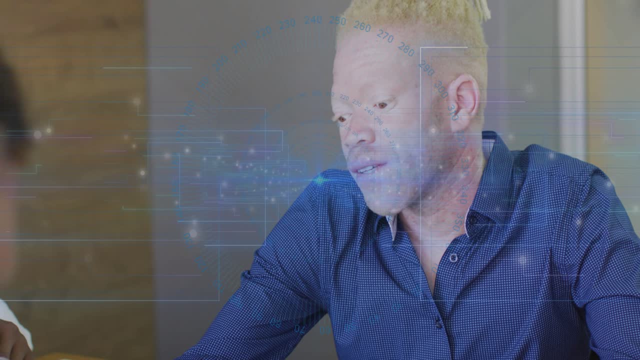 Person 2 reaching for pen triggers data overlay while business colleagues analyzing chart blocks