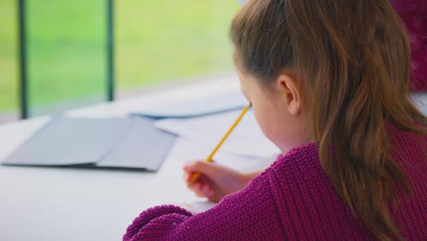 Vista-Trasera-De-Una-Estudiante-Con-Un-Profesor-En-El-Aula-Escribiendo-En-Un-Libro-Durante-La-Lección