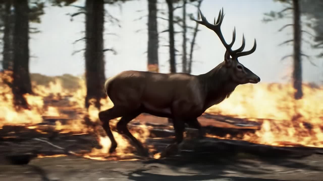 A Majestic Stag Navigates Through a Fiery Forest Landscape, Showcasing the Struggles of Wildlife Amidst Destructive Flames and Nature's Resilience
