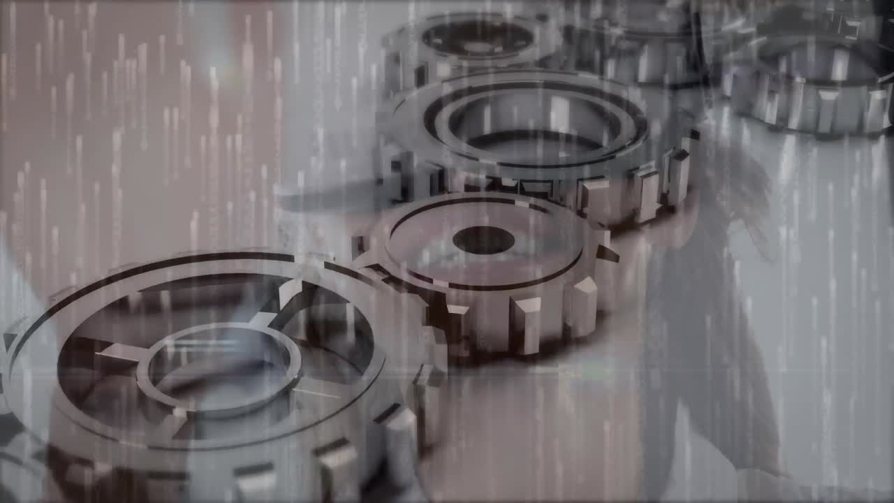 анимация зубчатых колес, движущихся над женщиной, носящей гарнитуру vr