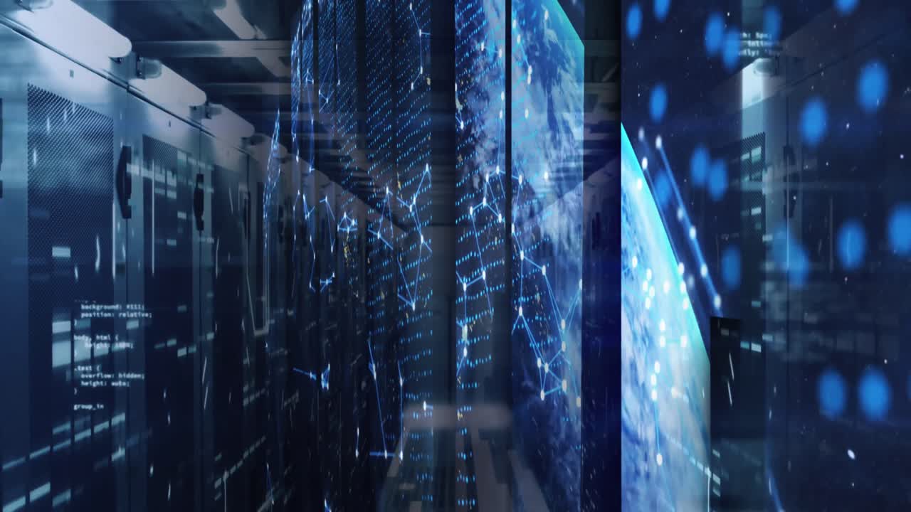 Animation of shapes moving and data processing over server room