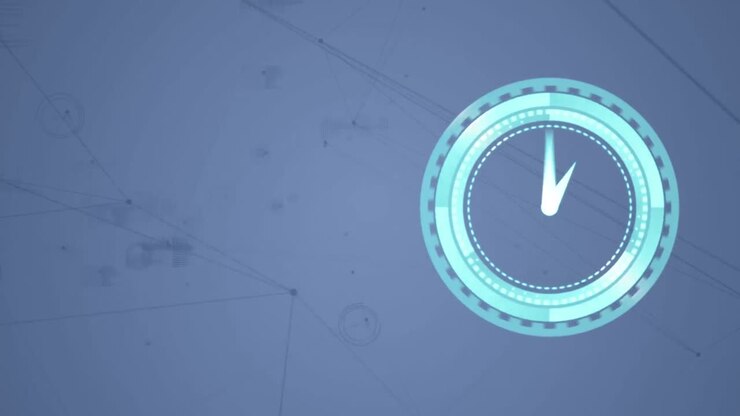 Animation of moving clock and rotating safe lock with light trails on blurred background