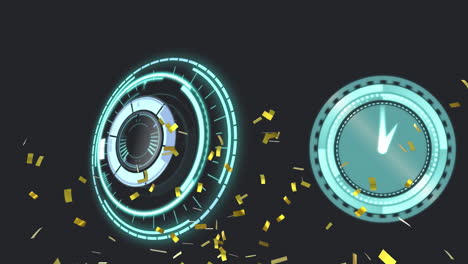 animation of confetti with scope and clock on black background