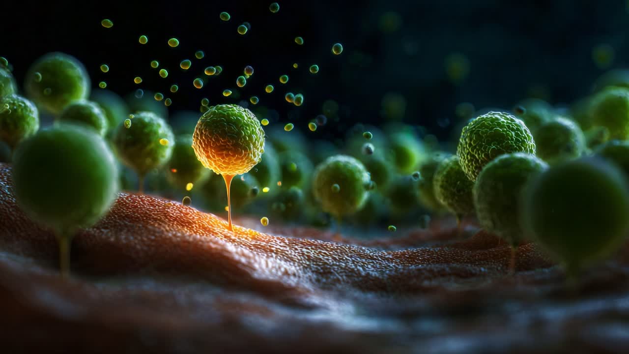 A Close-Up Exploration of Microscopic Life: Capturing the Vibrant Dynamics of Green Spheres Interacting in a Textured Environment with Glittering Particles