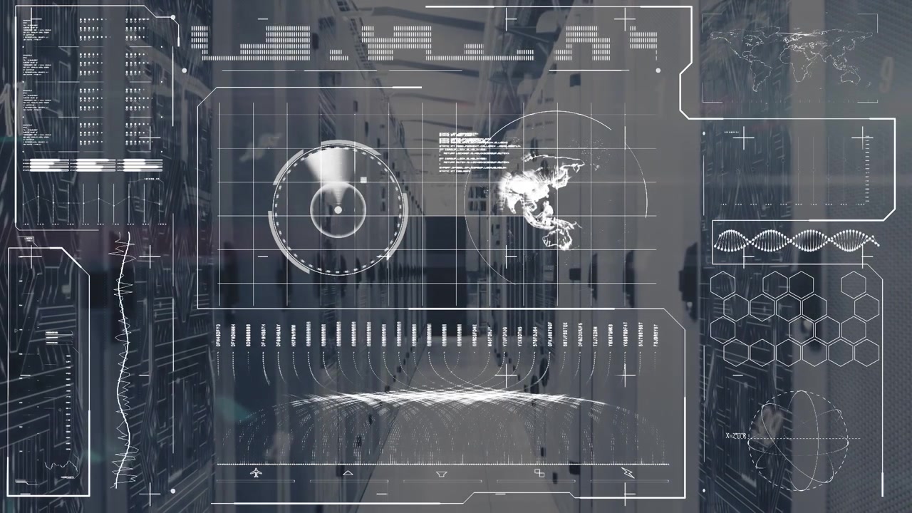 Digital Data Interface Overlaying Server Room Corridor