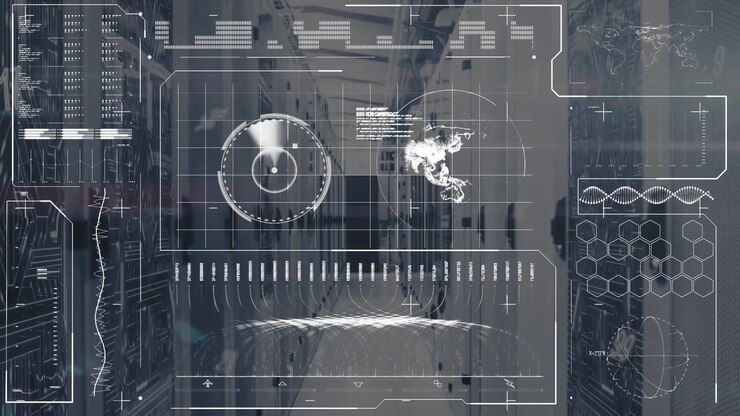 Digital Data Interface Overlaying Server Room Corridor