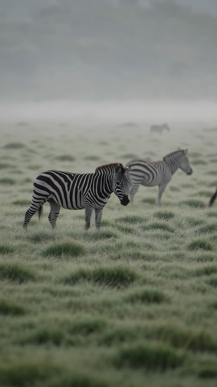 Zebras in a misty African grassland