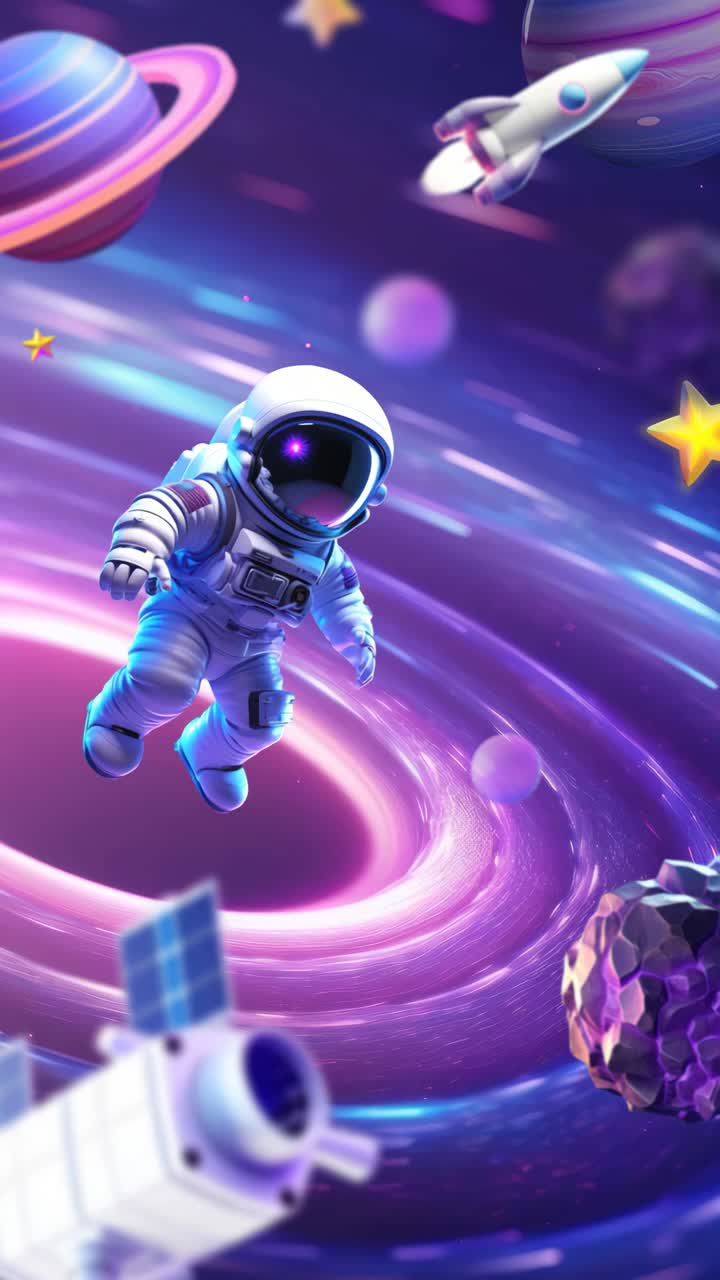 A dynamic, low-angle video concept of an astronaut floating in vibrant space, surrounded by planets