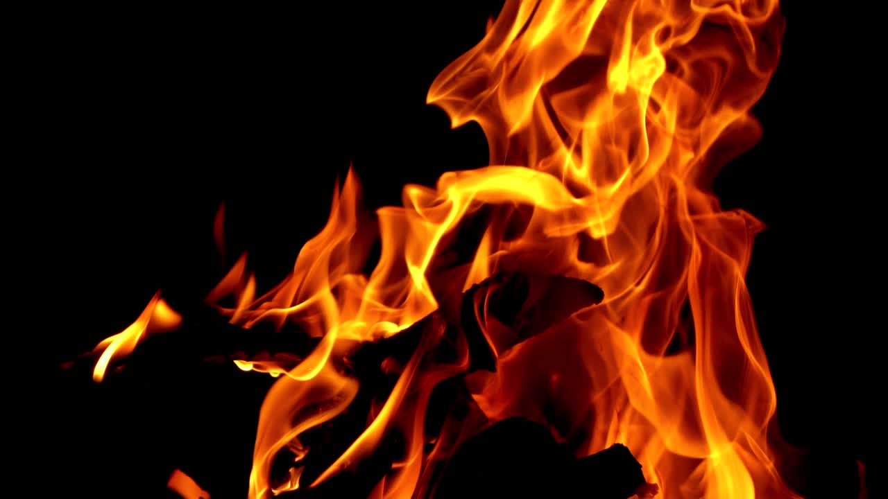 Smoldered logs burned in vivid fire on black background. Fantastic orange and yellow flame of campfire at night. Close-up