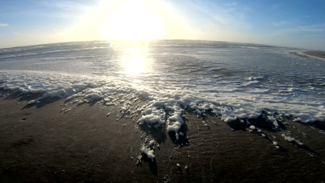 해변에서 폭풍의 해조류 거품, 파도와 함께 모래 해변, 북해, jütland, sondervig, 덴마크, 4k