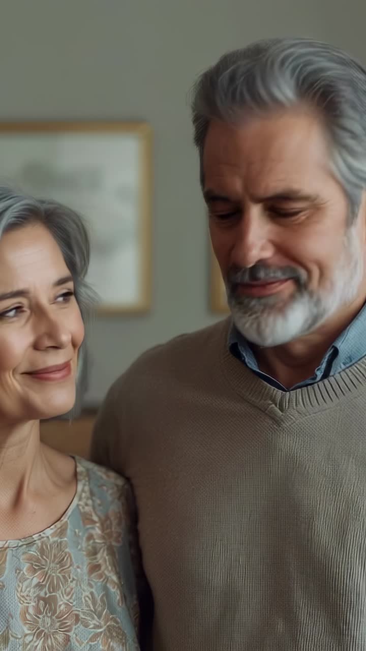 Vídeo vertical: Casal que se contempla trocando sorrisos em casa, câmera estável enquadrando arte emoldurada, suéter bege