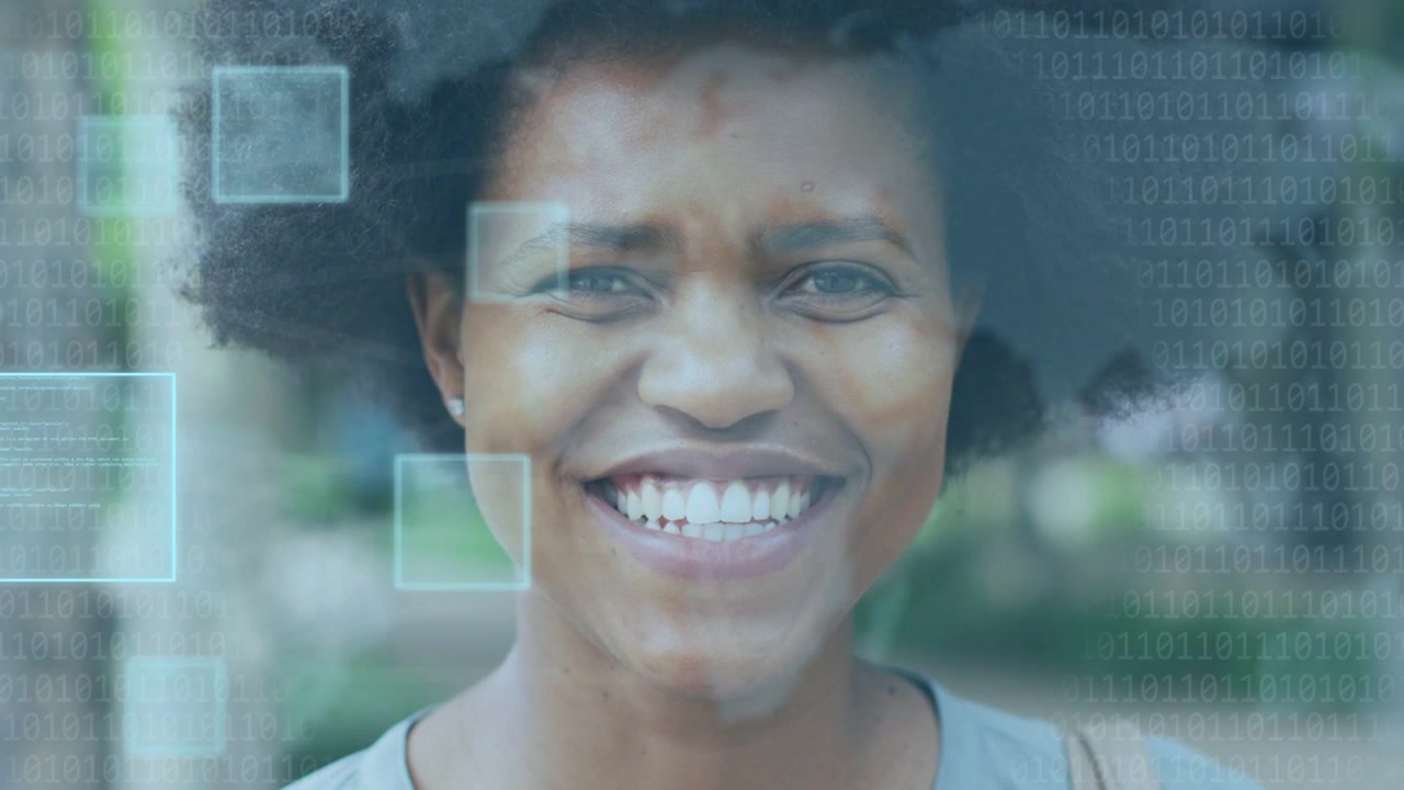 Mid-adult woman softening into broad grin as pale HUD squares emerging and eliciting smile for tech
