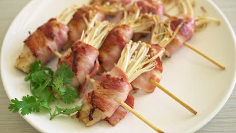 Bacon-Wrapped-Golden-Needle-Mushroom-Skewers