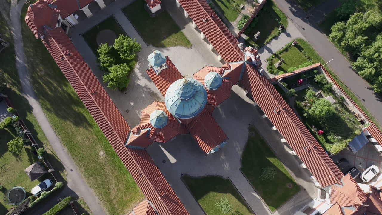 Birdseye Aerial View of Pilgrimage Church of Our Lady Victorious, B&iacute;l&aacute; Hora, Prague, Czech Republic