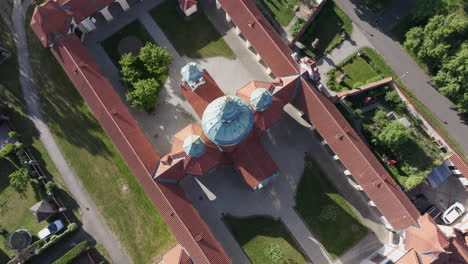 birdseye aerial view of pilgrimage church of our lady victorious, bílá hora, prague, czech republic