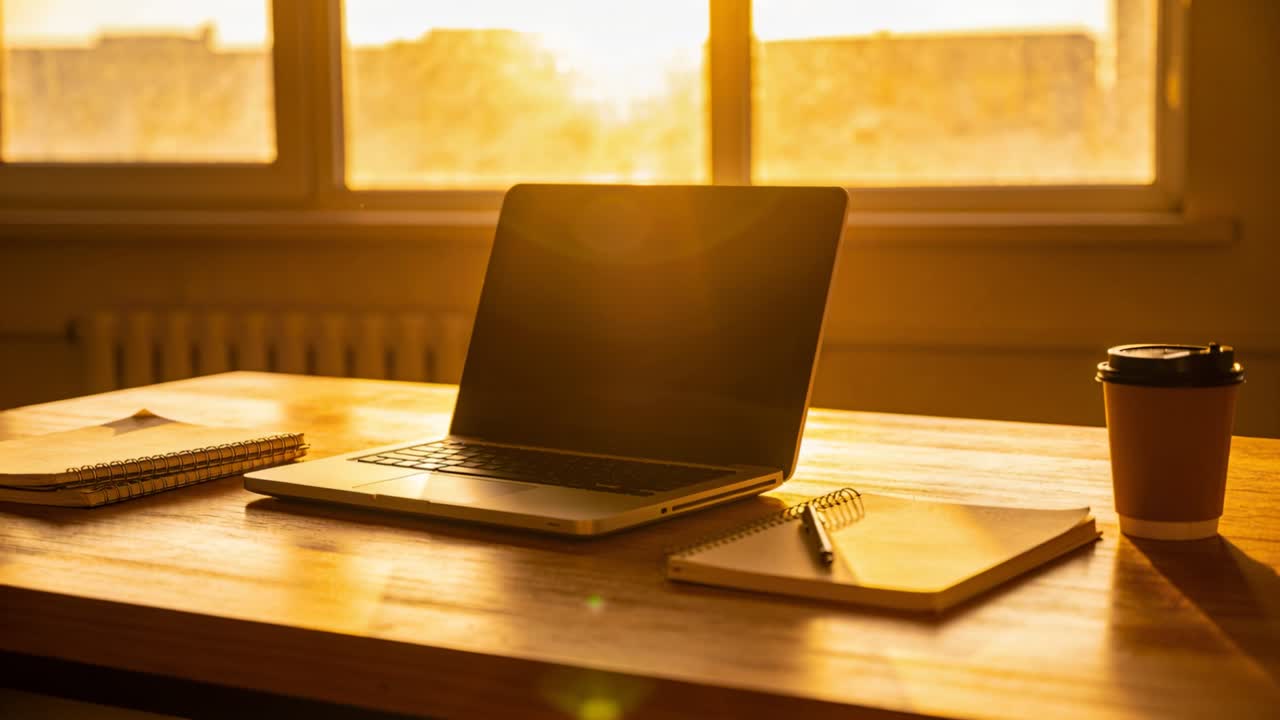 Shifting sunlight backlighting laptop on wooden desk, highlighting notebooks and coffee cup