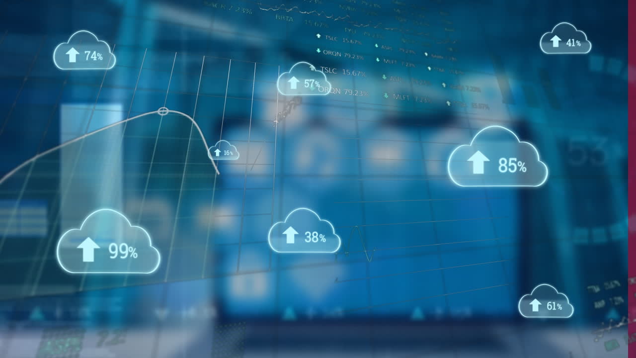 animación de nubes con porcentajes sobre el procesamiento de datos y el mercado de valores.