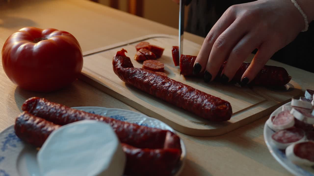 Preparing a Slavic style dinner. Dried sausage cut into rounds served with vegetables and cheese. Simple home-made meal