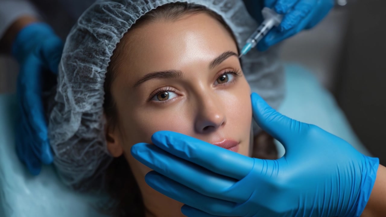 Trattamento estetico in corso: donna che riceve un'iniezione cosmetica con attenzione ai tratti del viso e cura professionale in un ambiente clinico.
