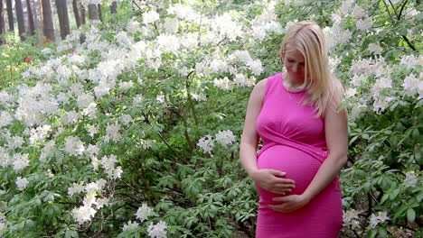 Pregnant-woman-in-dress-holds-hands-on-belly-on-natural-background-of-rhododendron-at-summer-day