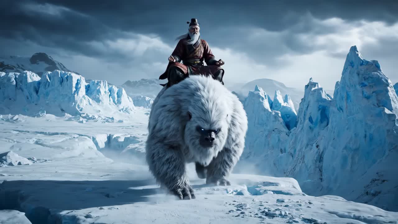Mand, der rider på en Yeti i et sneklædt landskab