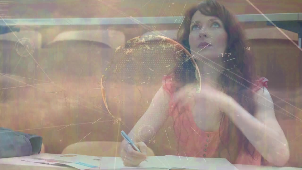 animación de la red de conexiones y el globo sobre estudiante caucásica en la universidad