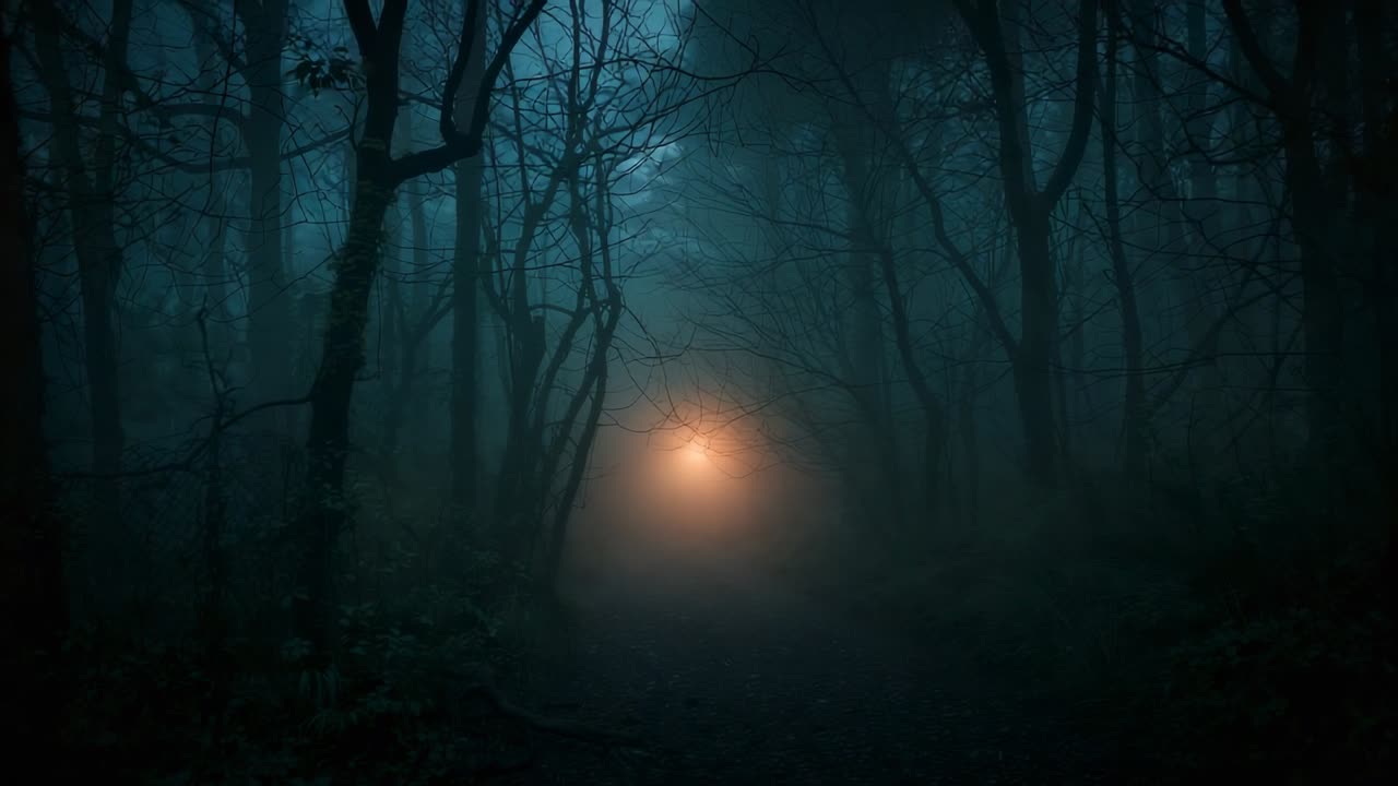 Opening frame showing glowing orb hovering at end of fog-filled forest path adding eerie stillness