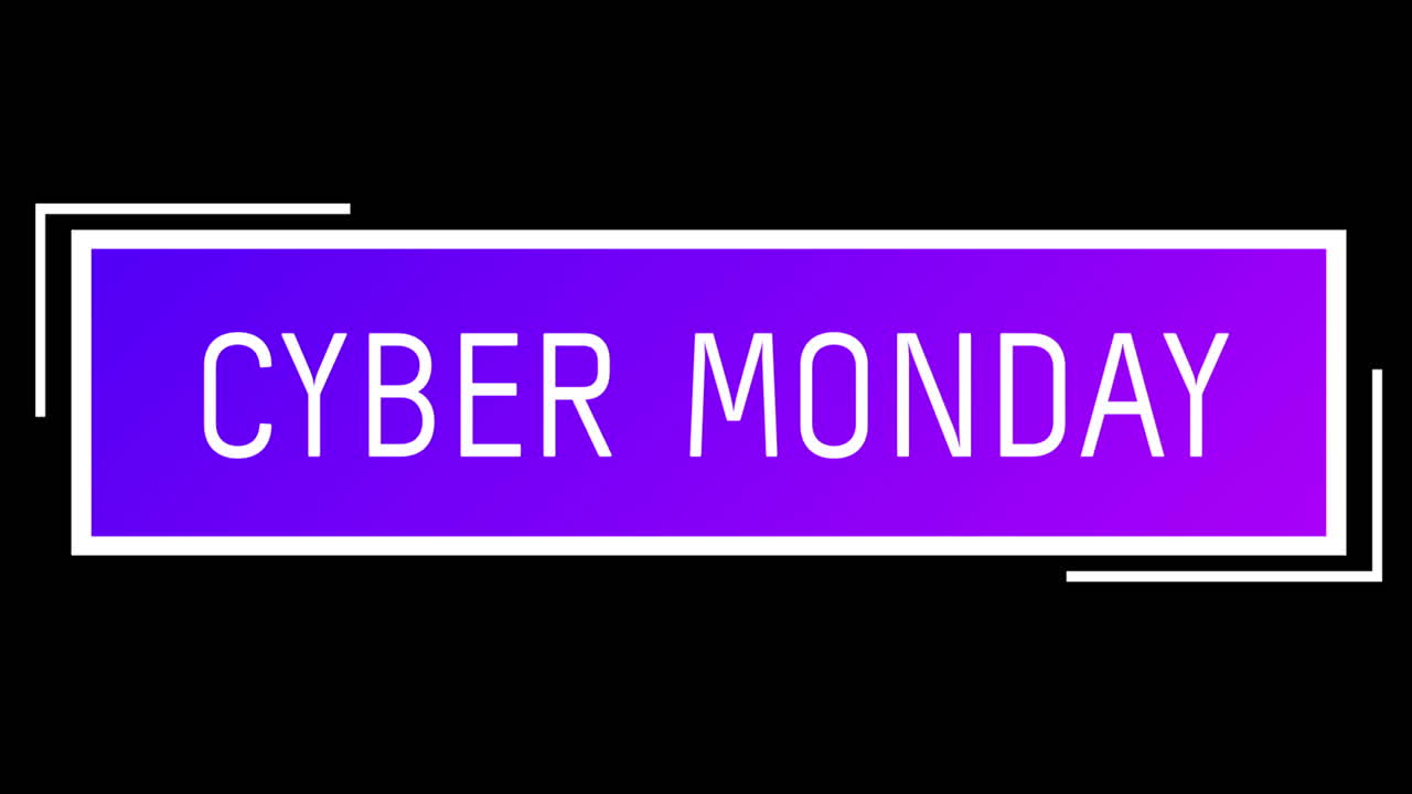 texto blanco y púrpura de cyber monday que aparece contra la pantalla negra 4k