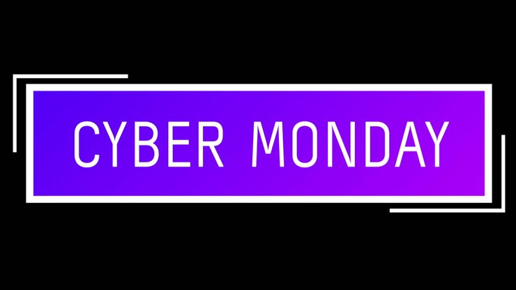White and purple Cyber Monday text appearing against black screen 4k