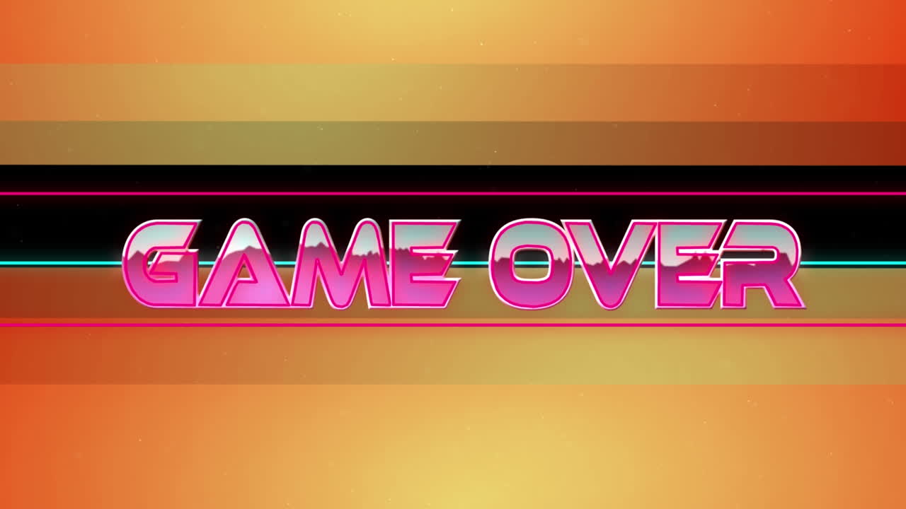 animación del juego sobre texto en color rosa metálico, sobre líneas de neón en naranja y negro
