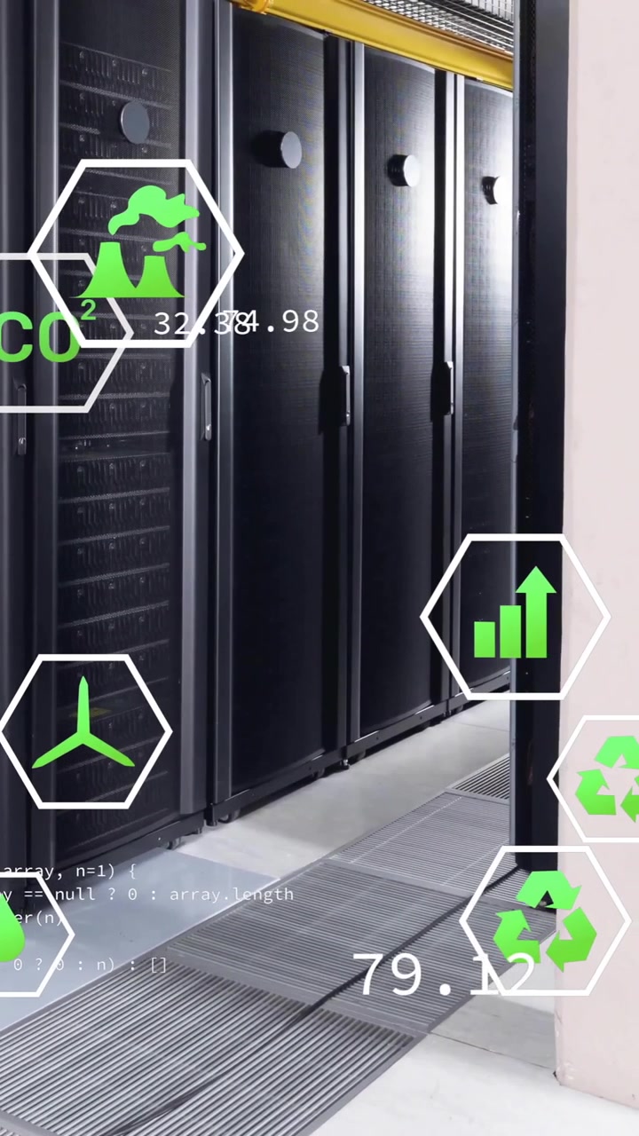 Animation of eco icons and digital data processing over computer servers