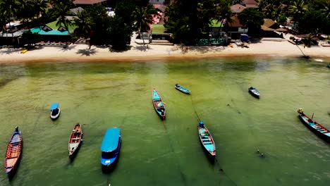 pulling out aerial drone shot to reveal the wooden motorboats and tourists who are paddling in their kayaks and paddle boards at sairee beach in koh tao island in surat thani province in thailand