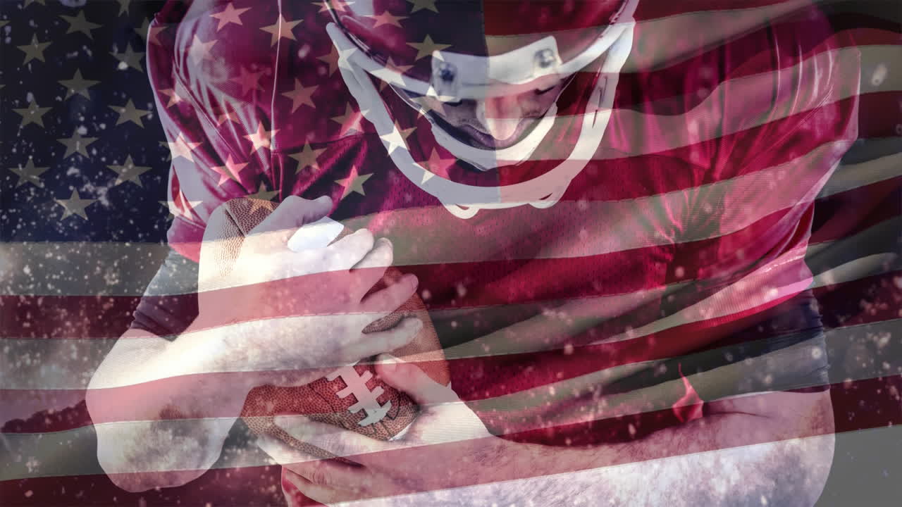 animación digital de un jugador de rugby jugando con una pelota de rugby contra la bandera estadounidense 4k