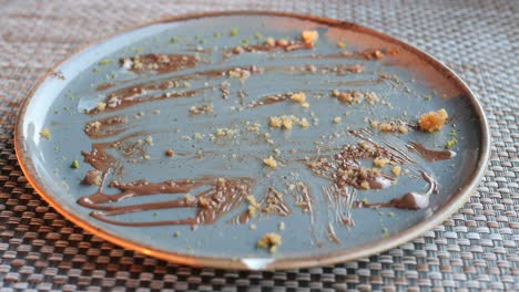 empty plate with chocolate sauce and crumbs