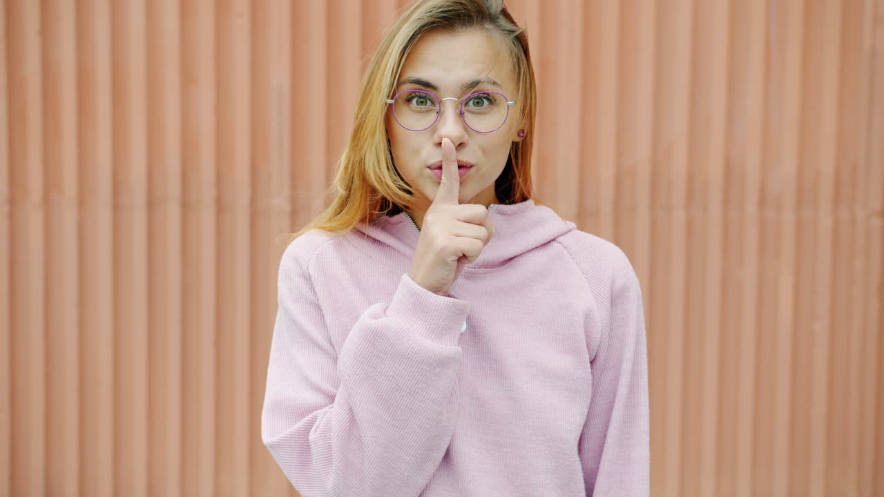 Young Woman with Glasses, Making a Shushing Gesture