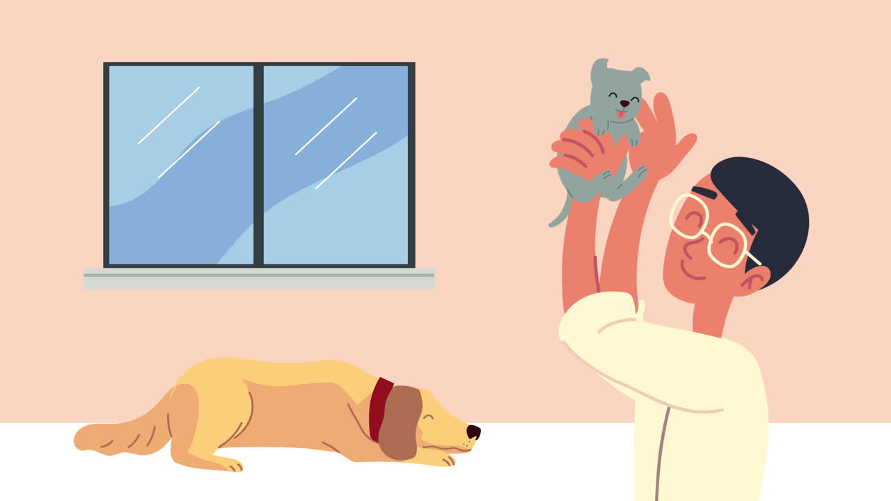 집의 캐릭터에서 개 마스코트를 가진 남자