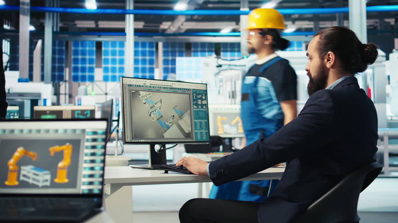 esperto di fabbrica fotovoltaica brainstorming con un collega per migliorare l'efficienza