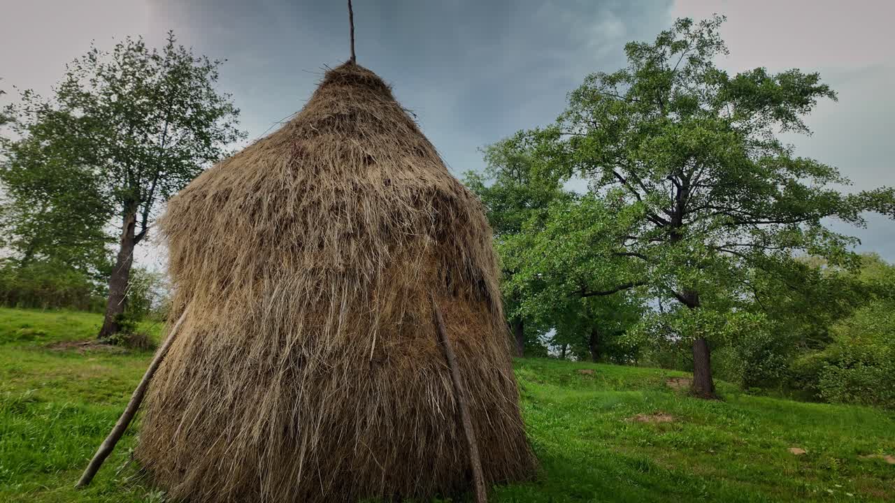 Cone shape straw Haystack in Romanian rural landscape